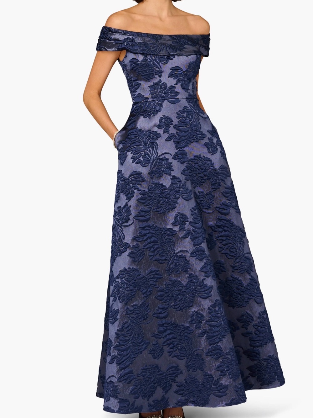 Aidan Mattox Navy Floral Off-Shoulder Jacquard Gown $595